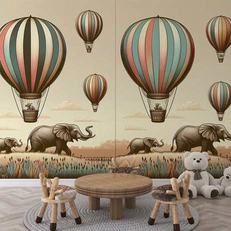 Safari Hot Air Balloon Wallpaper creating a dreamy atmosphere in a bright nursery with natural wooden furniture