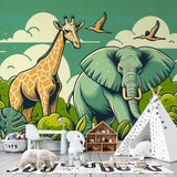 Safari animals wallpaper bringing warmth to a modern nursery, featuring gentle giraffes and elephants in artistic style