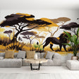 Safari Lion Mural Wallpaper displayed in a modern living room, creating a dramatic feature wall with warm golden tones