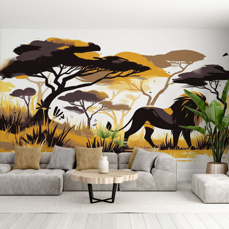 Safari Lion Mural Wallpaper displayed in a modern living room, creating a dramatic feature wall with warm golden tones