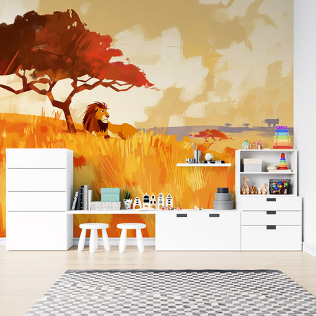 Safari lion wallpaper mural in modern living room creating dramatic focal point with warm sunset colors