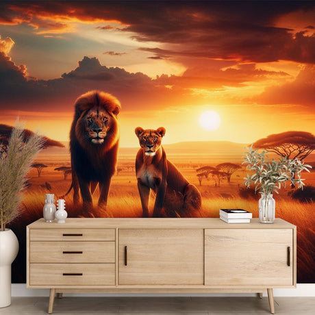 Safari lion wallpaper mural shown in modern living room, creating dramatic African atmosphere with warm sunset tones