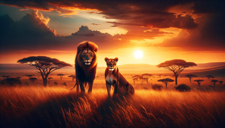 African lions at sunset wallpaper design file showing detailed savanna scene with golden sky