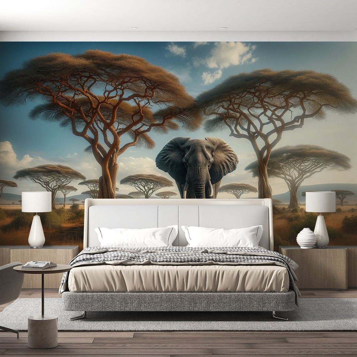 Safari elephant wallpaper mural showcased in a bright modern living room with natural decor and earth-toned furniture