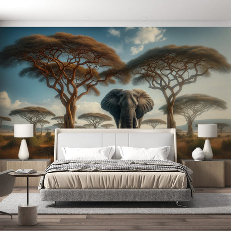 Safari elephant wallpaper mural showcased in a bright modern living room with natural decor and earth-toned furniture