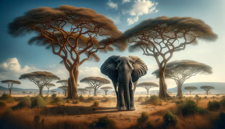 Elephant safari wallpaper design file showing majestic African elephant and acacia trees pattern