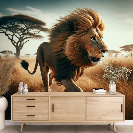 Striking Lion Safari Wallpaper creating a dramatic focal point in a modern living room with natural light