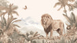 Safari lion wallpaper mural in modern living room creating bold focal point with neutral furniture