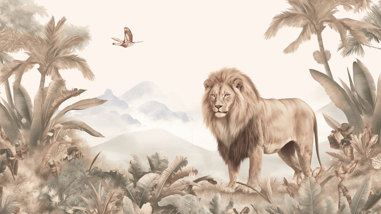 Safari lion wallpaper mural in modern living room creating bold focal point with neutral furniture