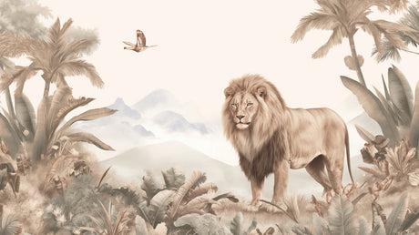 Safari lion wallpaper mural in modern living room creating bold focal point with neutral furniture