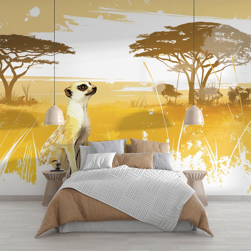 Safari Mural Wallpaper showing meerkat scene in modern living room, warm golden tones complement contemporary furniture