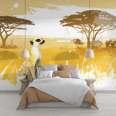 Safari Mural Wallpaper showing meerkat scene in modern living room, warm golden tones complement contemporary furniture