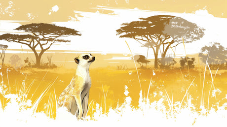 Meerkat Safari design file featuring detailed savanna landscape with golden sky and acacia trees
