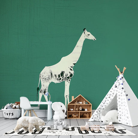 Modern Safari Wallpaper with white giraffe silhouette styled in a bright Scandinavian living room setting