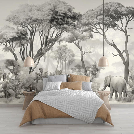 Safari elephant wallpaper mural styled in modern minimalist living room with gray sofa and natural light