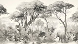 Monochrome elephant safari wallpaper design file showing detailed misty forest pattern