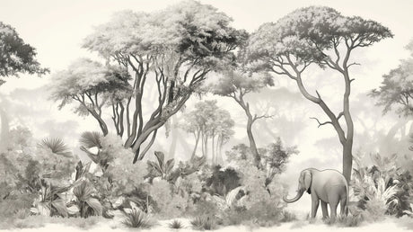Monochrome elephant safari wallpaper design file showing detailed misty forest pattern