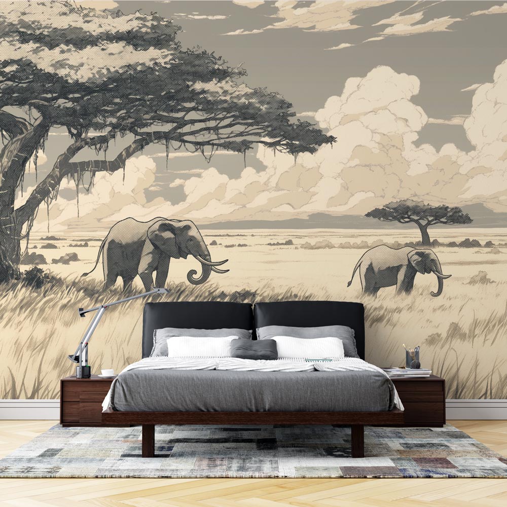 Monochrome Safari Elephant Wallpaper creating a serene atmosphere in a minimalist living room