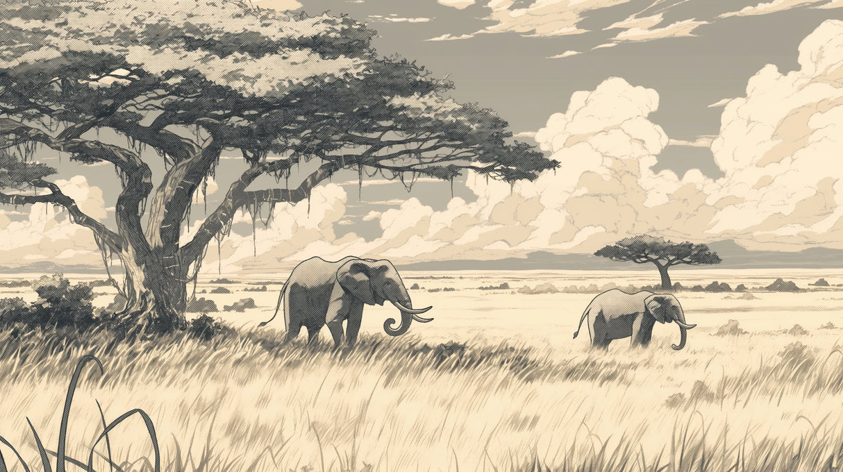 Safari Elephant Wallpaper design file showing detailed monochrome African landscape pattern
