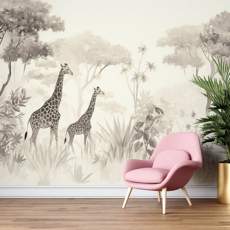 Monochrome Safari Wallpaper with gentle giraffe design styled in modern minimalist living room with gray furniture