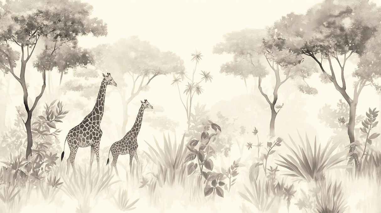 Giraffe wallpaper design file showing full monochrome savanna pattern with detailed wildlife scene