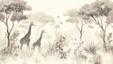 Giraffe wallpaper design file showing full monochrome savanna pattern with detailed wildlife scene