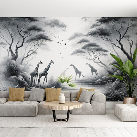 Black and white safari wallpaper mural showcased in a modern living room, creating a peaceful monochrome statement wall