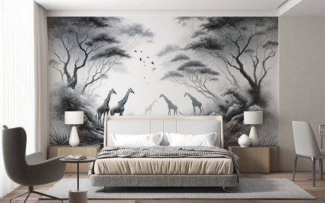 Monochrome giraffe safari wallpaper design file showing the complete pattern with misty savanna landscape