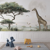 Safari Mural Wallpaper creating a peaceful mood in a modern bedroom with soft lighting