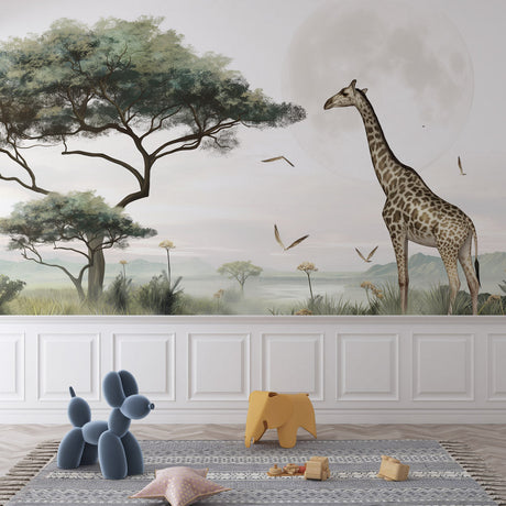 Safari Mural Wallpaper creating a peaceful mood in a modern bedroom with soft lighting