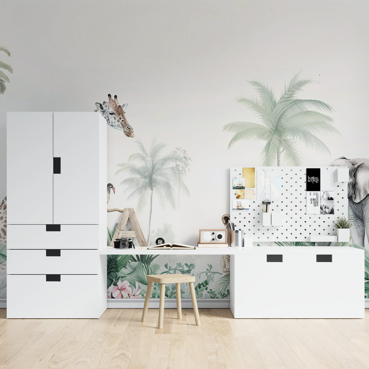 Safari animals wallpaper mural styled in a bright nursery with soft green accents and natural wood furniture