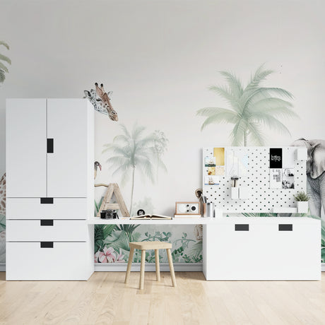 Safari animals wallpaper mural styled in a bright nursery with soft green accents and natural wood furniture