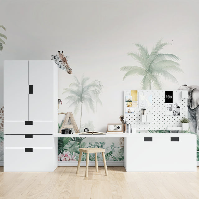 Safari animals wallpaper mural styled in a bright nursery with soft green accents and natural wood furniture