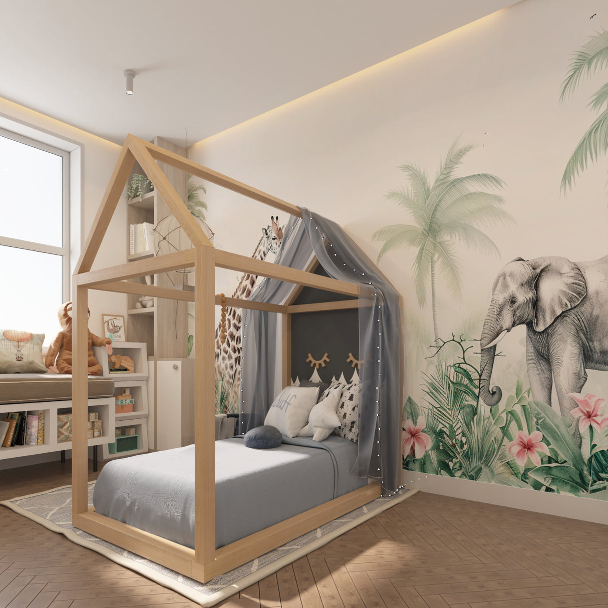 Tropical animals wall mural showcased in a modern kids bedroom with white furniture