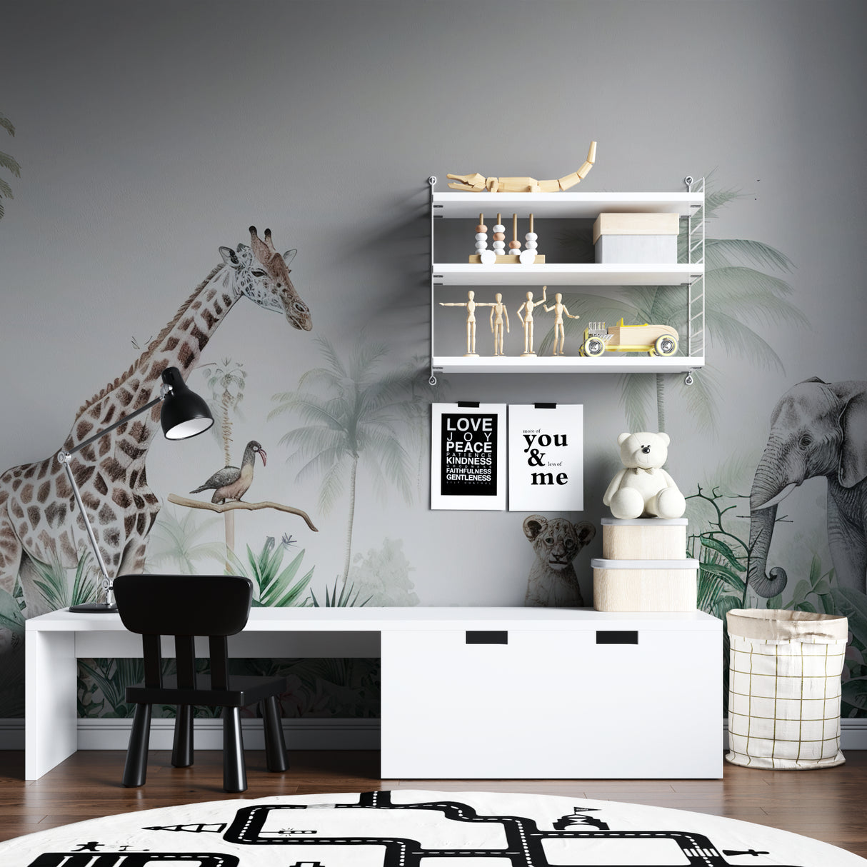 Safari mural wallpaper enhancing a baby's room with soft lighting and cozy elements