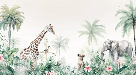 Design file showing detailed safari animals and palm trees pattern with soft color palette
