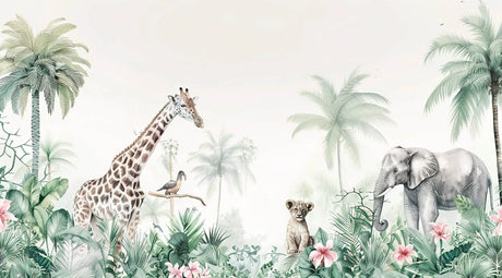 Safari animals and palm trees design file showing detailed pattern and soft color palette