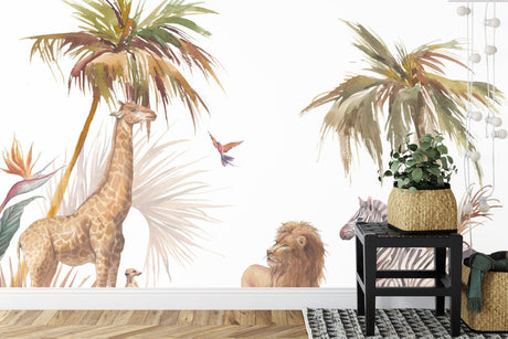 Safari animal wallpaper creating a magical atmosphere in a bright nursery with natural wood furniture