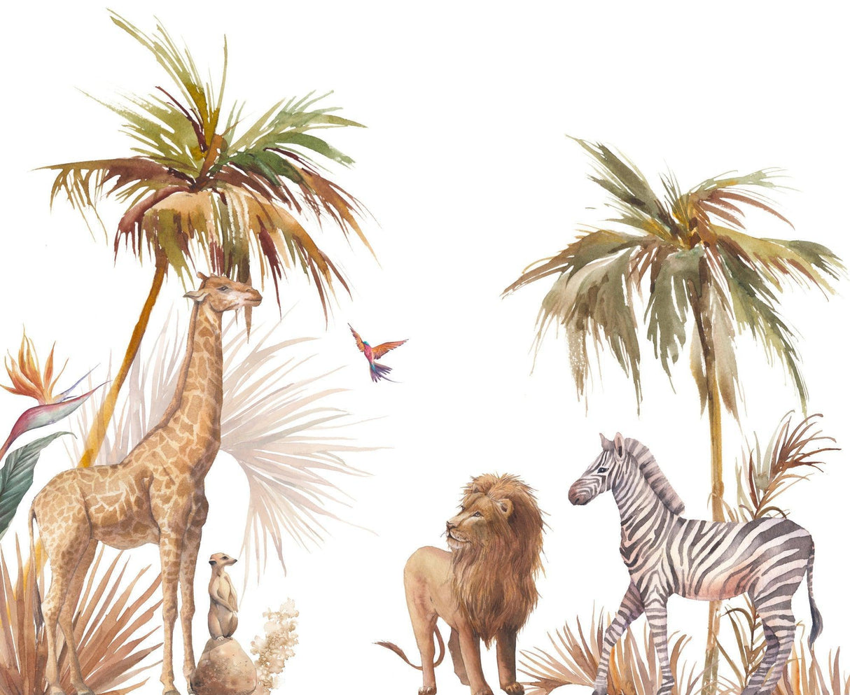 Safari animals watercolor wallpaper design file showing detailed African wildlife and palm trees pattern