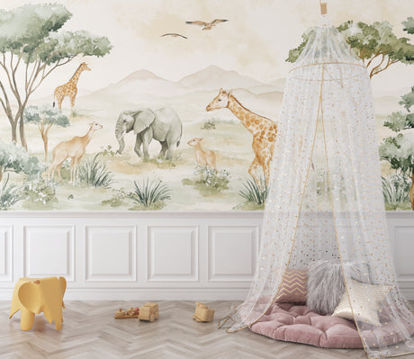 Safari animals wallpaper mural in cozy nursery with natural light showing gentle watercolor elephant and giraffe
