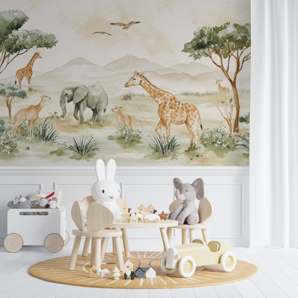 Watercolor safari wallpaper creating calm atmosphere in children's bedroom with reading nook
