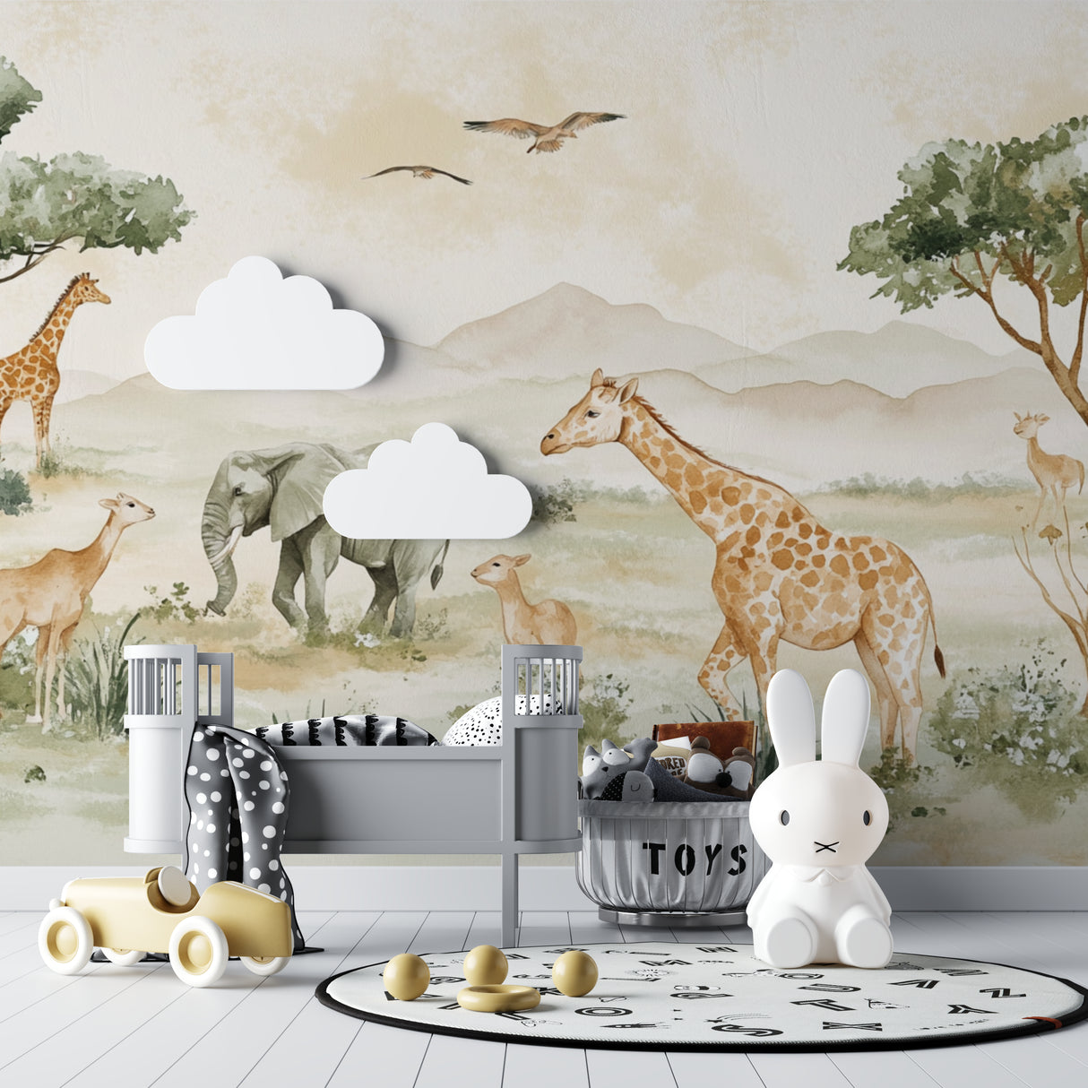 Safari animal mural wallpaper brightening playroom wall with soft beige and green tones