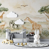 Safari animal mural wallpaper brightening playroom wall with soft beige and green tones