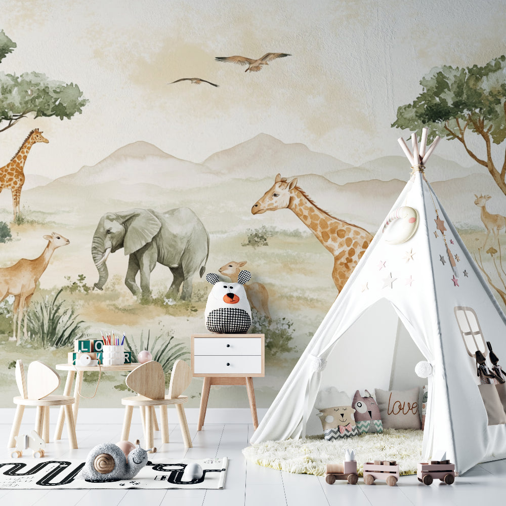 African wildlife wallpaper in modern living room showing scale of giraffe and mountain design