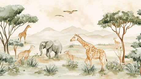 Safari animals wallpaper design file showing full watercolor pattern with elephants, giraffes and gazelles