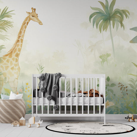 Safari Giraffe Wallpaper Mural creating a peaceful atmosphere in a bright modern nursery with natural light