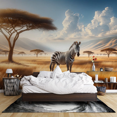Safari wallpaper with zebra creates a stunning focal point in modern living room with natural light enhancing the golden savannah tones