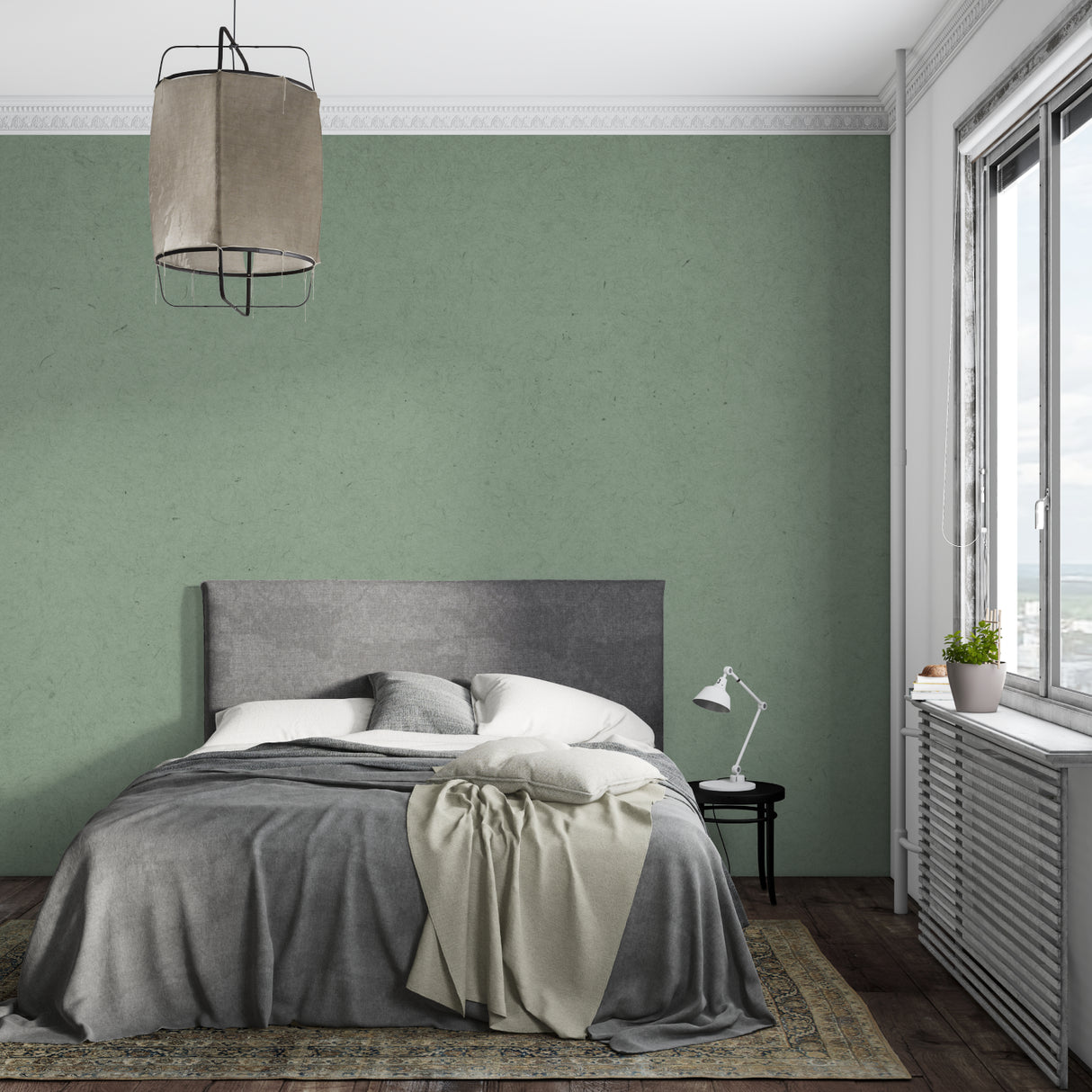 Sage green textured wallpaper in modern living room with natural light highlighting the subtle pattern