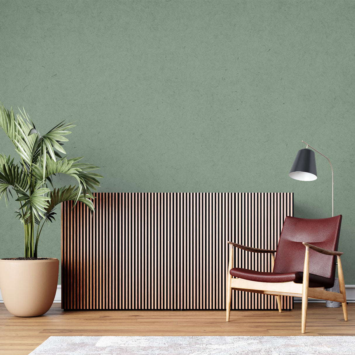Green textured wallpaper in home office showing subtle depth variations