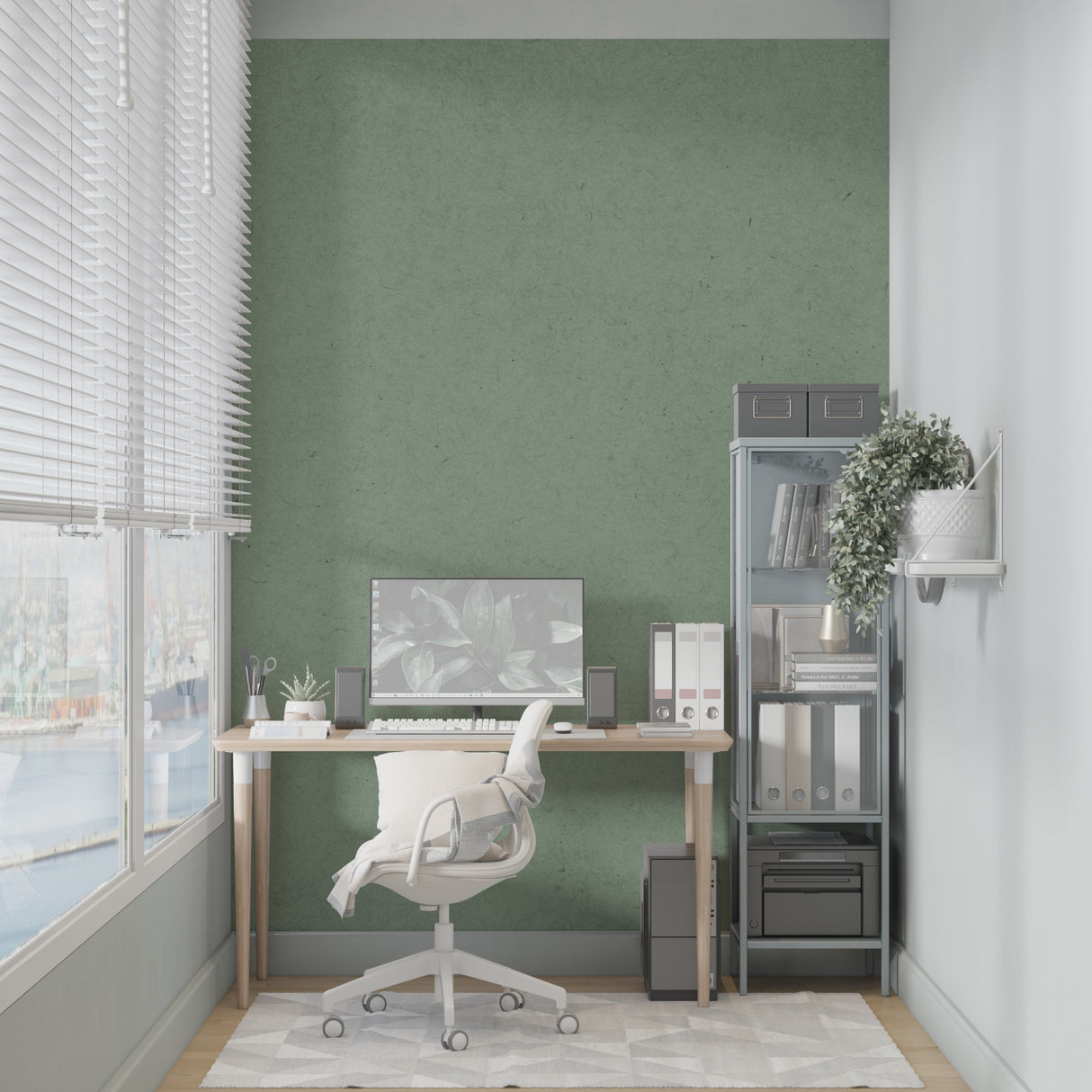 Modern green wallpaper creating serene bathroom accent wall